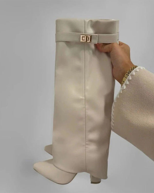 Bottes hautes en cuir à bout pointu et revers au genou