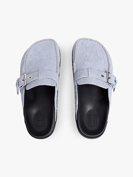 Textured Suede Buckle Mules