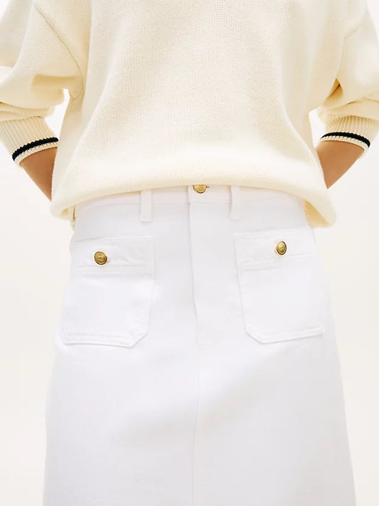 Gold-Tone Button White Denim Midi Skirt