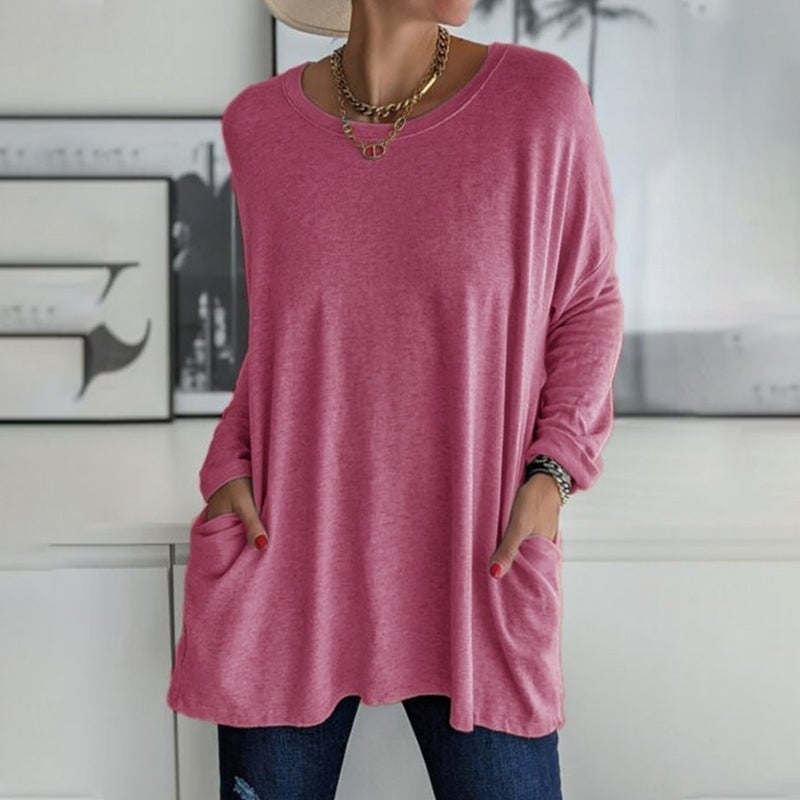 🔥VENTE FLASH -49 % DE RÉDUCTION-T-shirt uni à manches longues et col rond avec poches