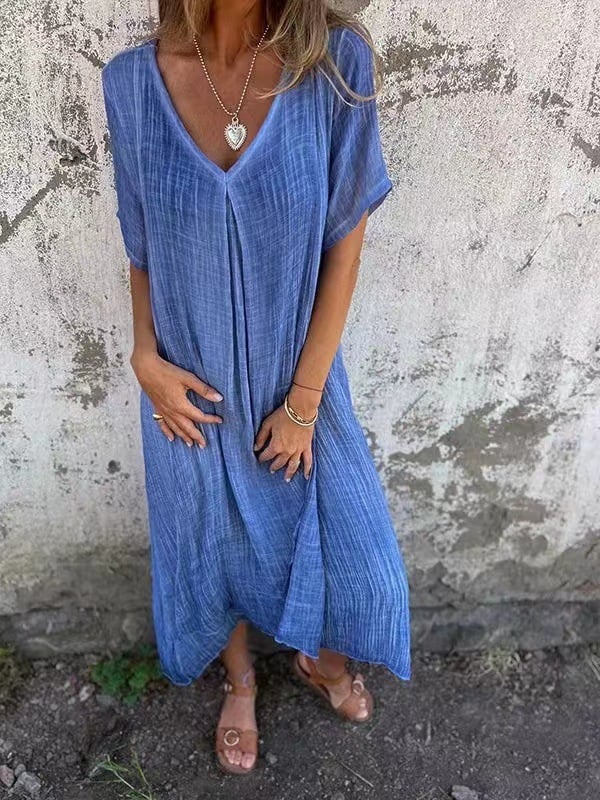 Midi-Kleid aus Baumwolle und Leinen mit V-Ausschnitt