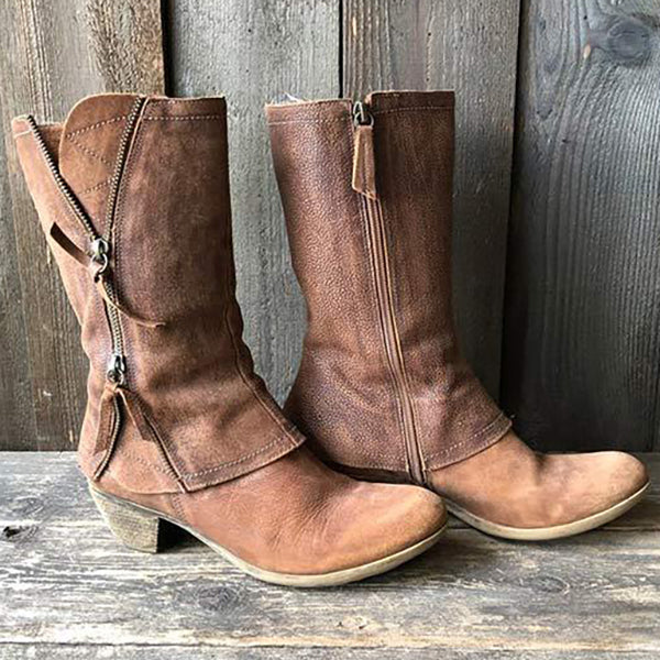 Damen-Lederstiefel mit mittelhohem Blockabsatz und seitlichem Reißverschluss