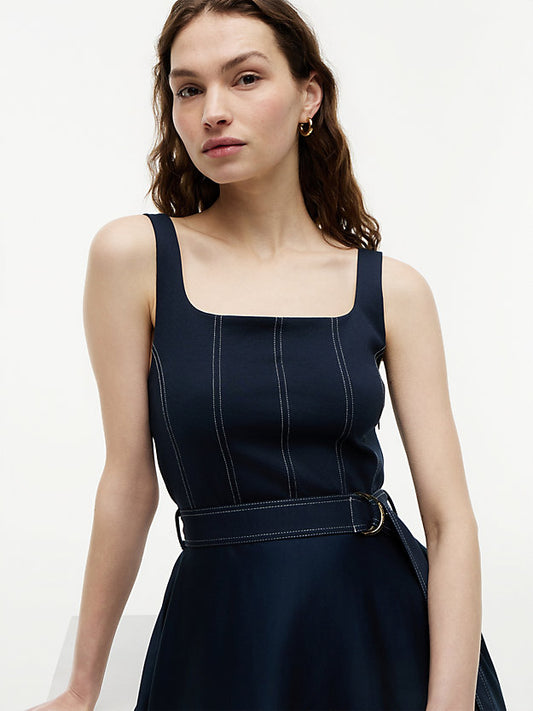 Topstitch Square Neck Belted Midi Dress
