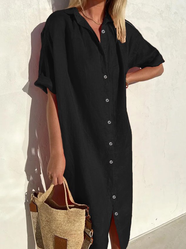 Robe Femme Ample Décontractée Élégante Manches Mi-longues Boutonnée en Coton Lin