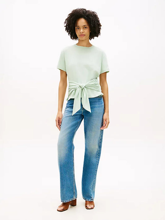 Self-Tie Textured Relaxed Crew Neck T-Shirt