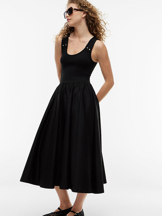 Gold-Tone Button Slim Mixed Midi Dress