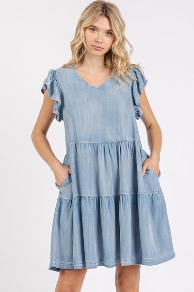 Mini-robe Mittoshop à col en V, volants et manches courtes