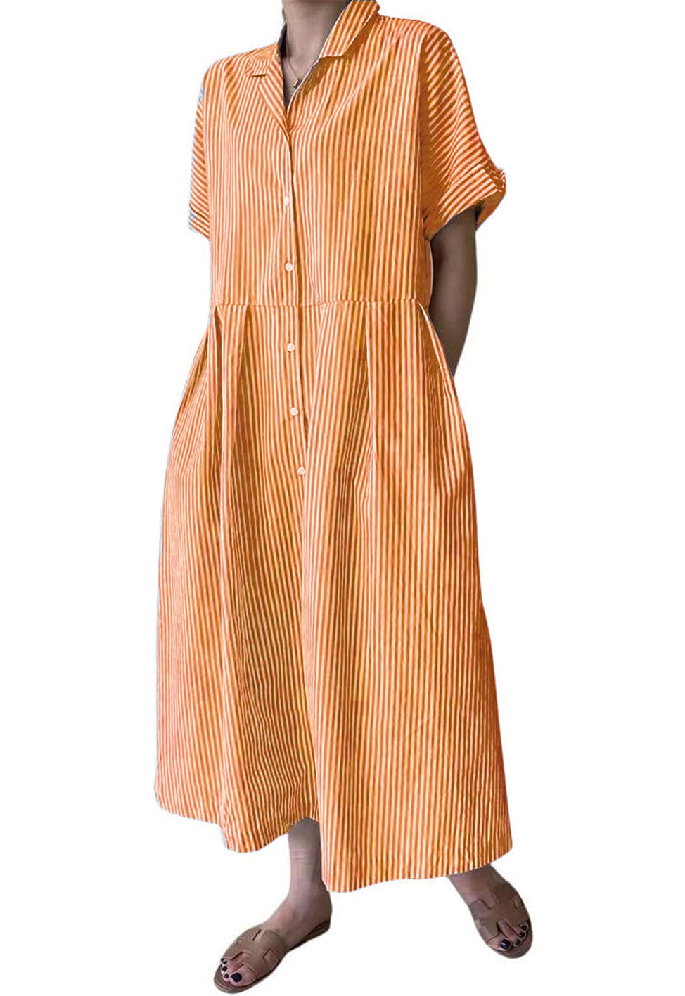 Damen Baumwoll-Streifenhemdkleid Durchgeknöpft Kurzarm Midi Langes Shiftkleid mit Taschen (Beim Kauf von 2 kostenfreier Versand)