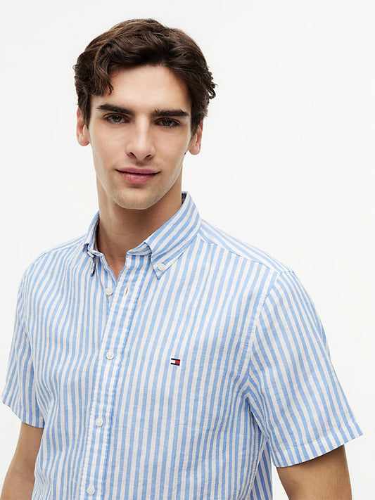 Regular Linen Blend Bengal Stripe Short Sleeve Shirt