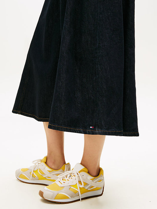 High Rise Denim Flare Midi Skirt