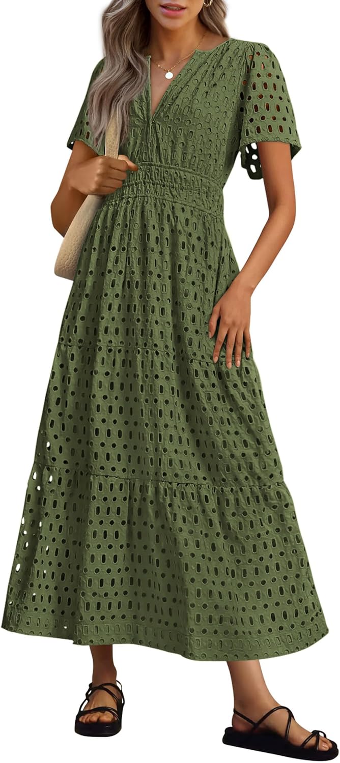 NOUVEAU 🔥 Robe longue d'été 2025 pour femme, manches courtes, col en V, ajourée, œillets, coupe trapèze