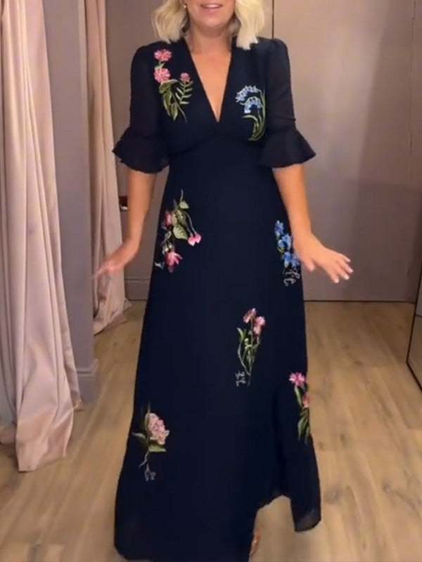 NOUVEAU🔥 Robe volantée col en V brodée florale - Sans taxes