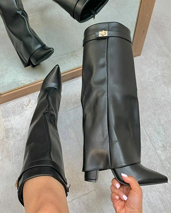 Bottes hautes en cuir à bout pointu et revers au genou