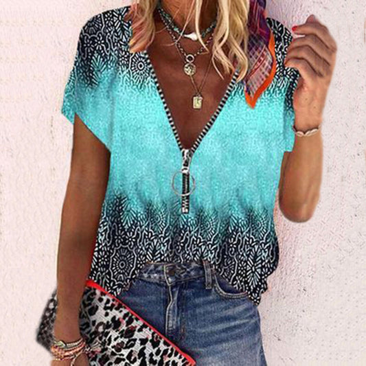 Blús Boho le Bloc Datha Clóite Treibhe, Zipper agus V-Mhuineál