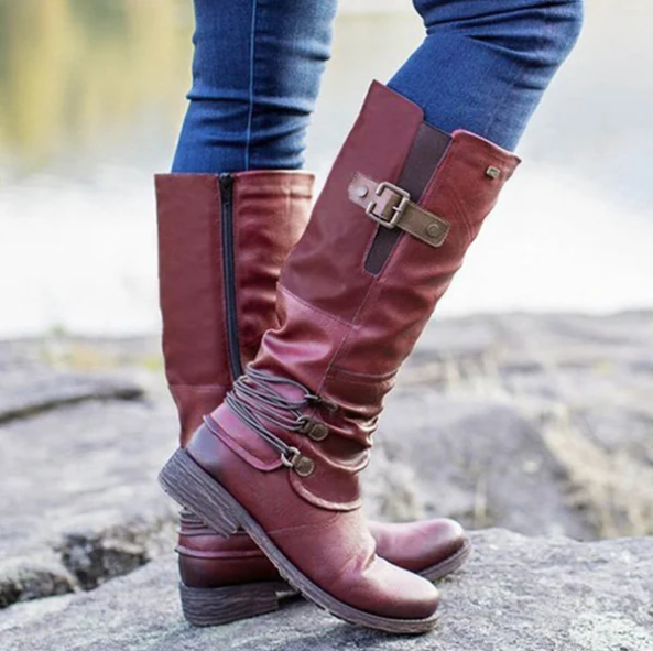 Bottes de neige hautes zippées en cuir vintage pour femme