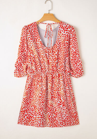 Robe Courte Imprimée à Encolure Ronde et Liens Fendue