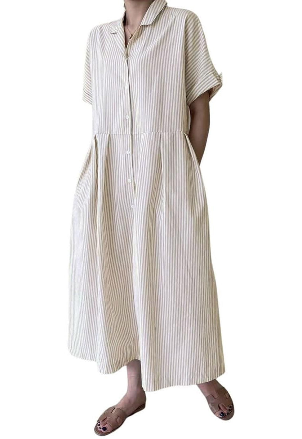 Robe chemise longue mi-longue en coton rayée à manches courtes avec poches pour femme (achetez 2, la livraison est gratuite)