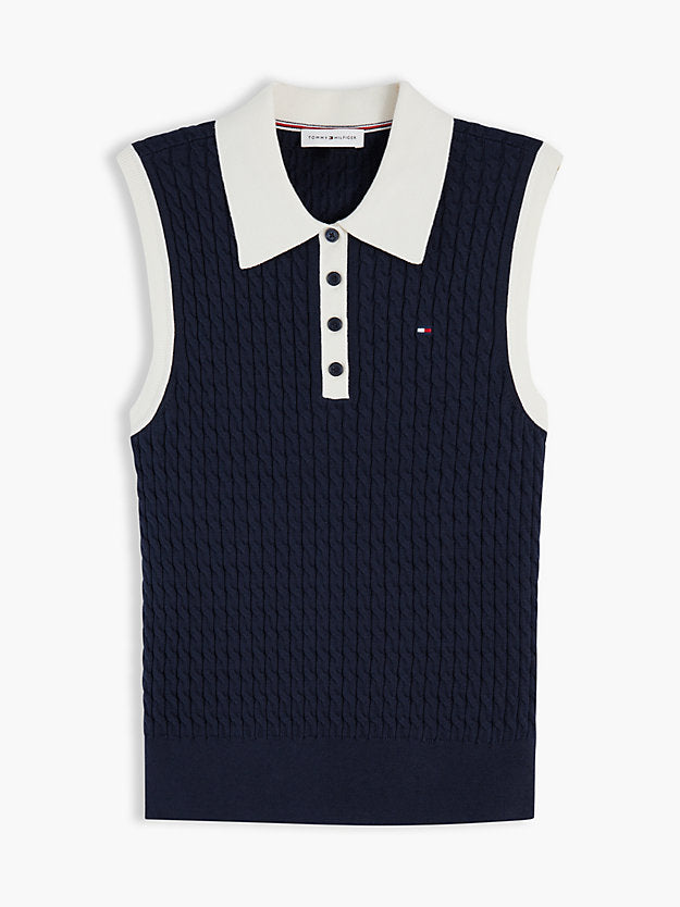 Cable Knit Slim Sleeveless Polo Jumper