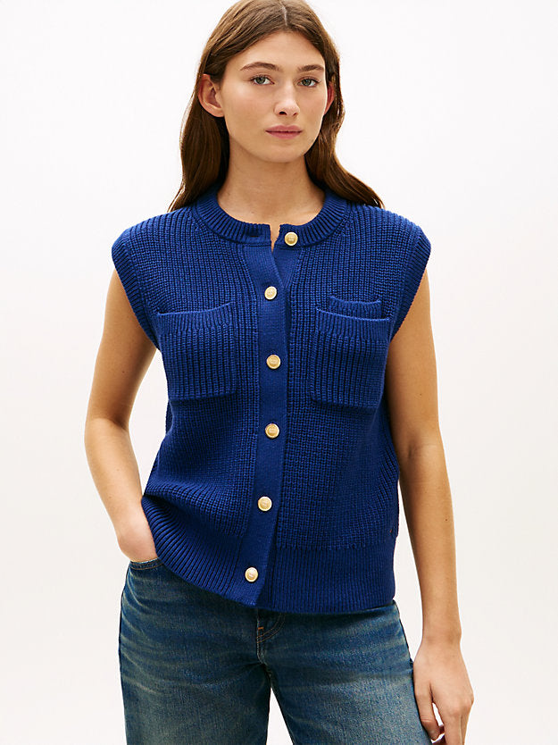 Gold-Tone Button Rib-Knit Vest