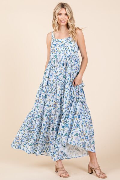 Mittoshop Geblümtes, gestuftes, ärmelloses Empire-Maxikleid
