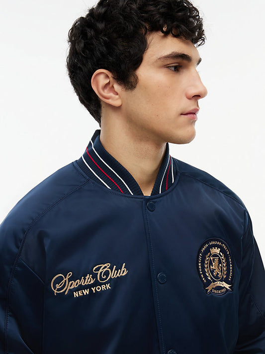 Crest Patch Relaxed Satin Bomber Jacket