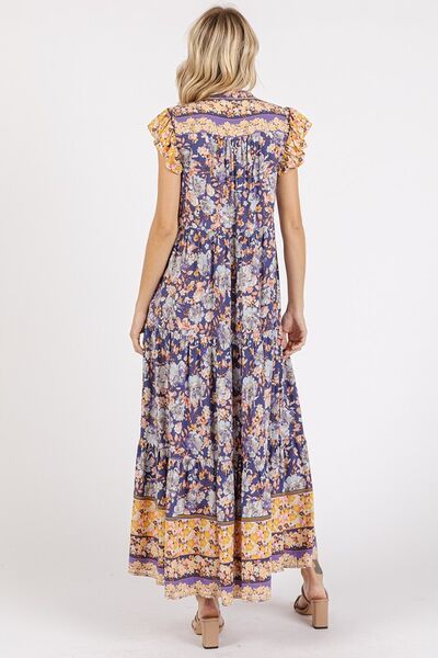 Mittoshop Geblümtes Rüschen-Maxikleid mit gekerbtem Kappenärmel
