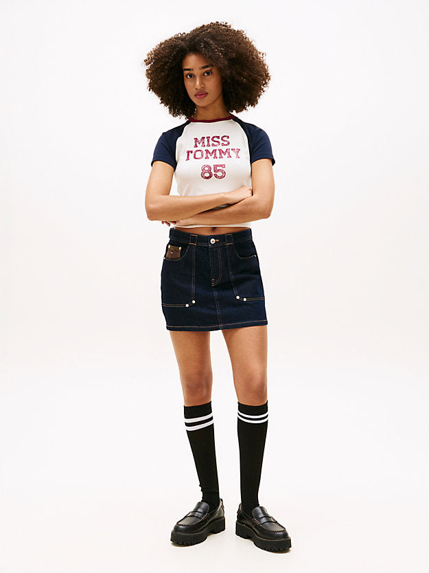 Flag Embroidery Denim Straight Mini Skirt