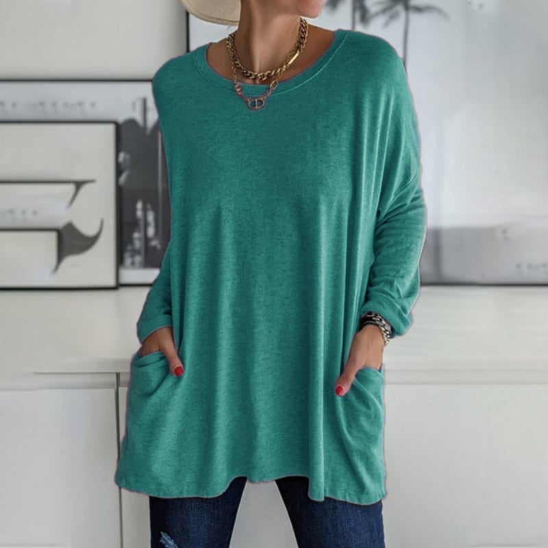 🔥VENTE FLASH -49 % DE RÉDUCTION-T-shirt uni à manches longues et col rond avec poches
