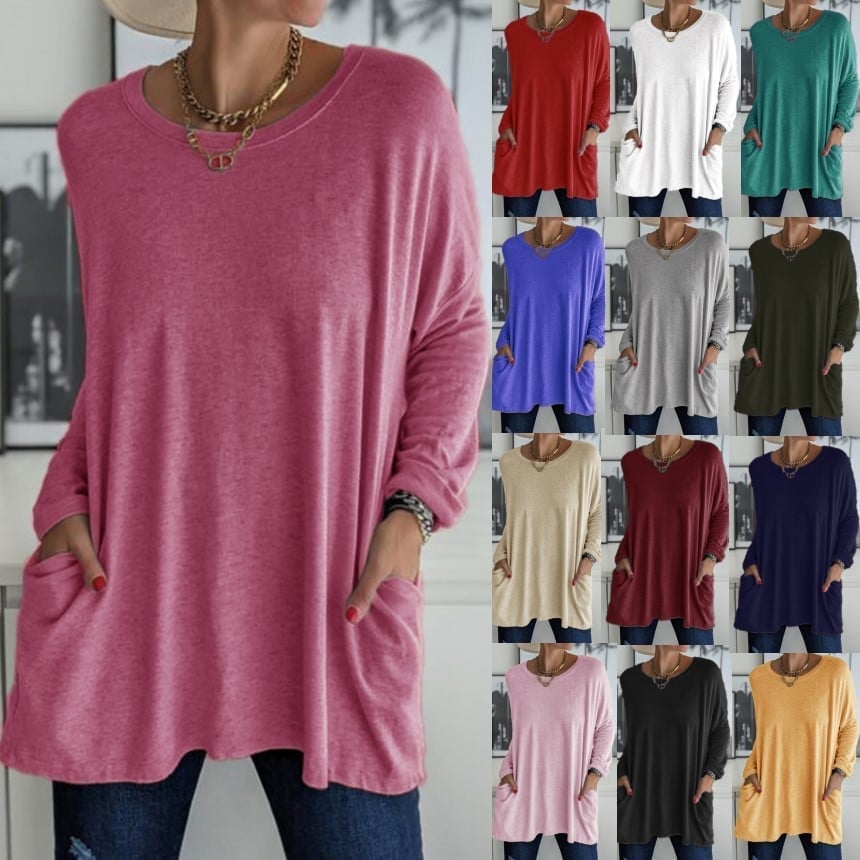 🔥VENTE FLASH -49 % DE RÉDUCTION-T-shirt uni à manches longues et col rond avec poches