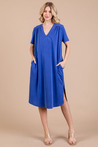 Ces Femme Midi-Kleid mit Seitenschlitz, kurzen Ärmeln und Taschen