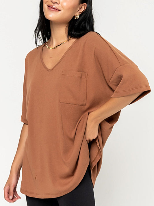 T-shirt col V ample à poche pour femme (3 achetés, livraison gratuite)