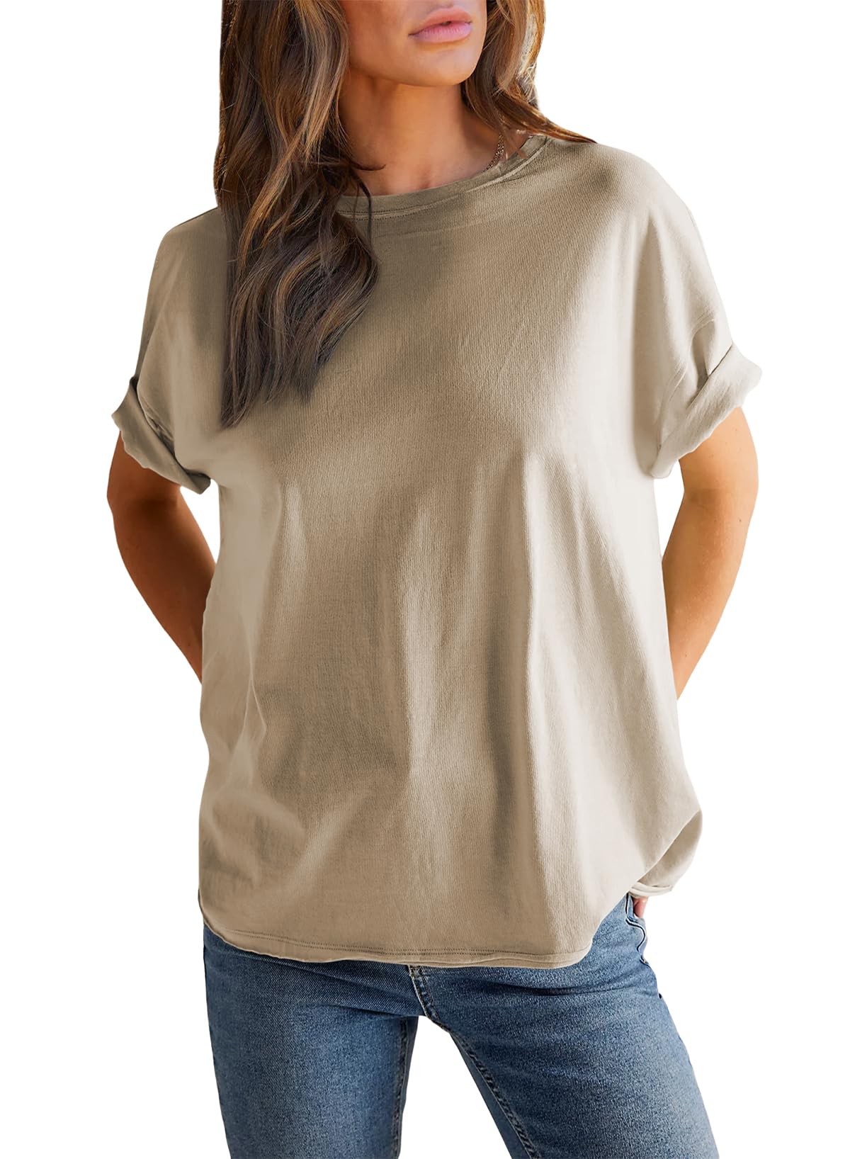 T-shirt Femme Col Rond Manches Courtes Couleur Unie (Achetez 2 pour la livraison gratuite)