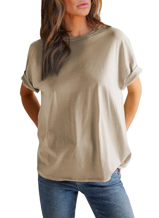T-shirt Femme Col Rond Manches Courtes Couleur Unie (Achetez 2 pour la livraison gratuite)