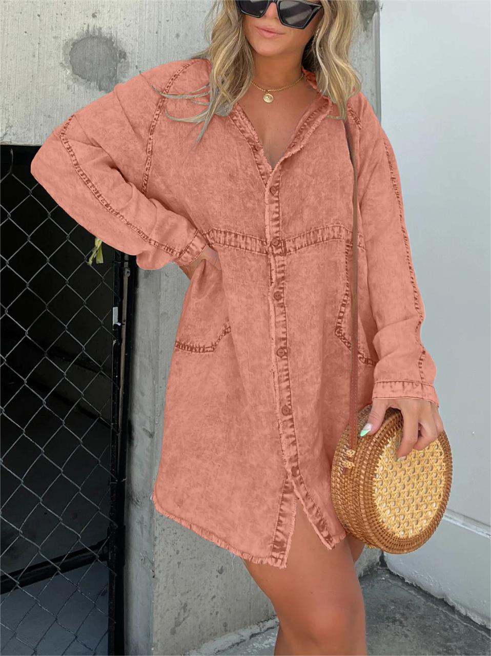 Neue Damen Washed Denim Tunika (2 kaufen, Versand gratis)