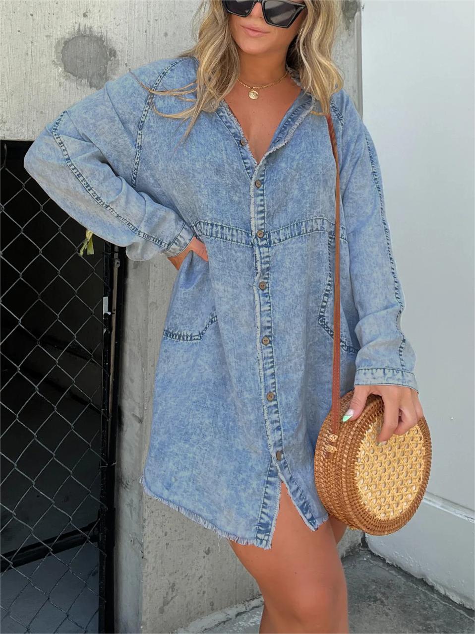 Neue Damen Washed Denim Tunika (2 kaufen, Versand gratis)