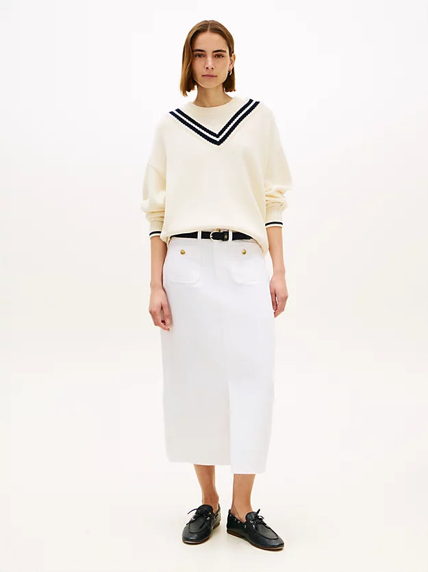 Gold-Tone Button White Denim Midi Skirt