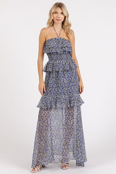 Maxikleid mit gerafftem Smocked-Blumenmuster und Neckholder von Mittoshop