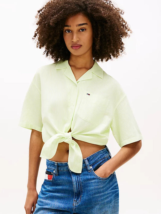 Relaxed Fit Linen Blend Tie Front Shirt