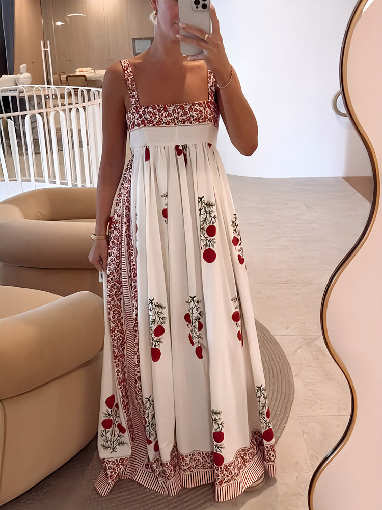 Robe longue à encolure carrée et imprimé floral avec panneaux