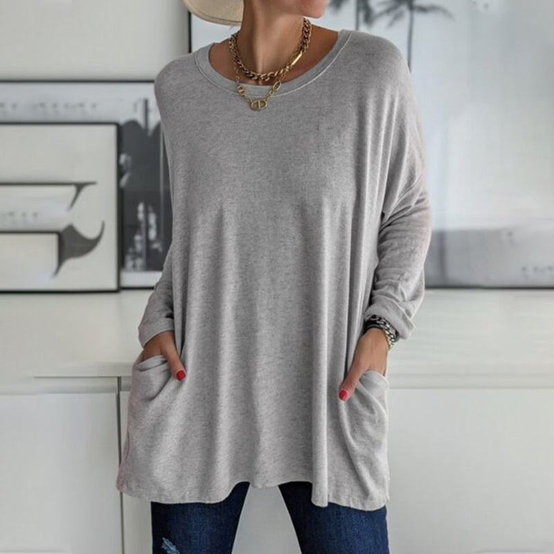 🔥VENTE FLASH -49 % DE RÉDUCTION-T-shirt uni à manches longues et col rond avec poches