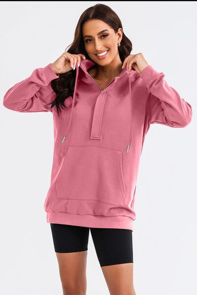 Robe à Capuche Mi-Zip et Cordon de Serrage