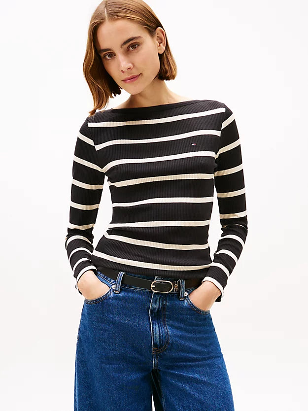 Ribbed Slim Boat Neck Long Sleeve T-Shirt
