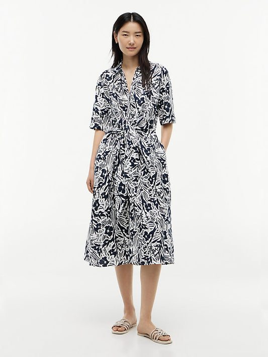 Linen Blend Knot Midi Shirt Dress