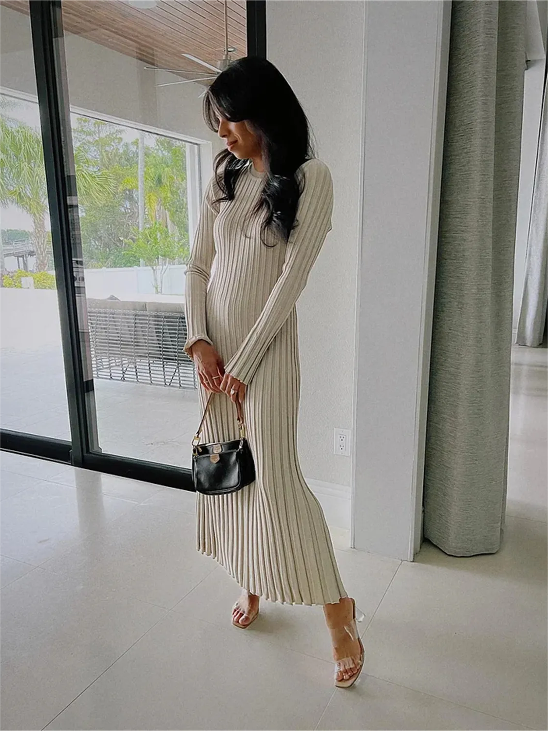 Robe Midi en Tricot à Manches pour l'Automne (Achetez-en 2, Livraison Gratuite)