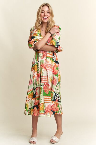 ADORA Florales Midi-Kleid mit V-Ausschnitt und Puffärmeln