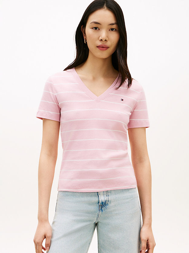 Flag Embroidery Slim V-Neck T-Shirt