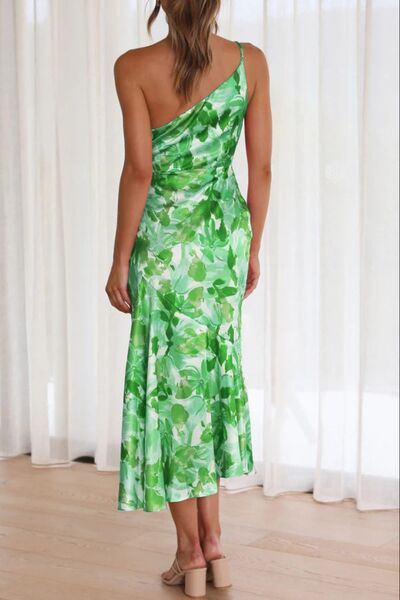 Robe midi asymétrique imprimée froncée