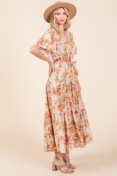 Mittoshop Geblümtes Kleid mit Bindegürtel und Stufenrock