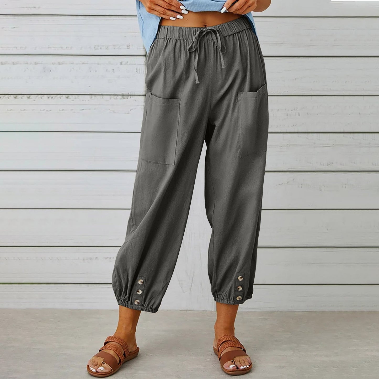 Damenhosen High-Waist-Hose mit Knopfleiste aus Baumwolle und Hanf Dreiviertelhose weites Bein