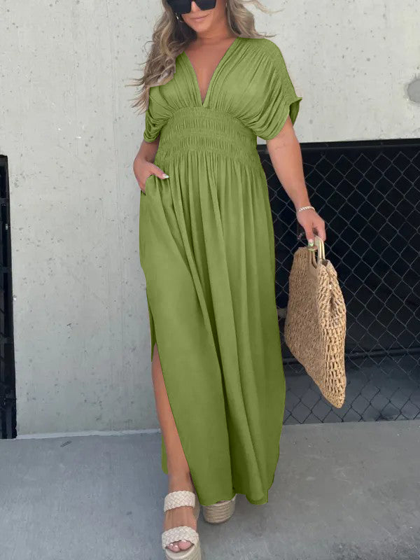 Nouvelle robe longue maxi facile à porter avec fente et col en V (Achetez 2, la livraison est offerte)